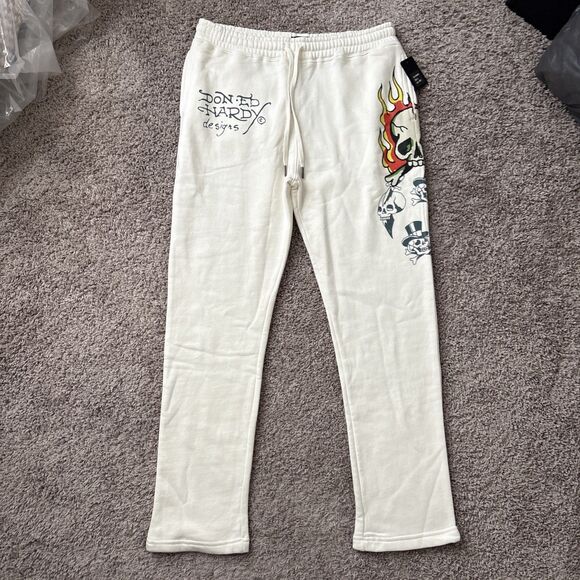 Ed Hardy Other - Ed Hardy Men's Size Large Ivory White Fleece Sweats Flaming Skull Hat NWT